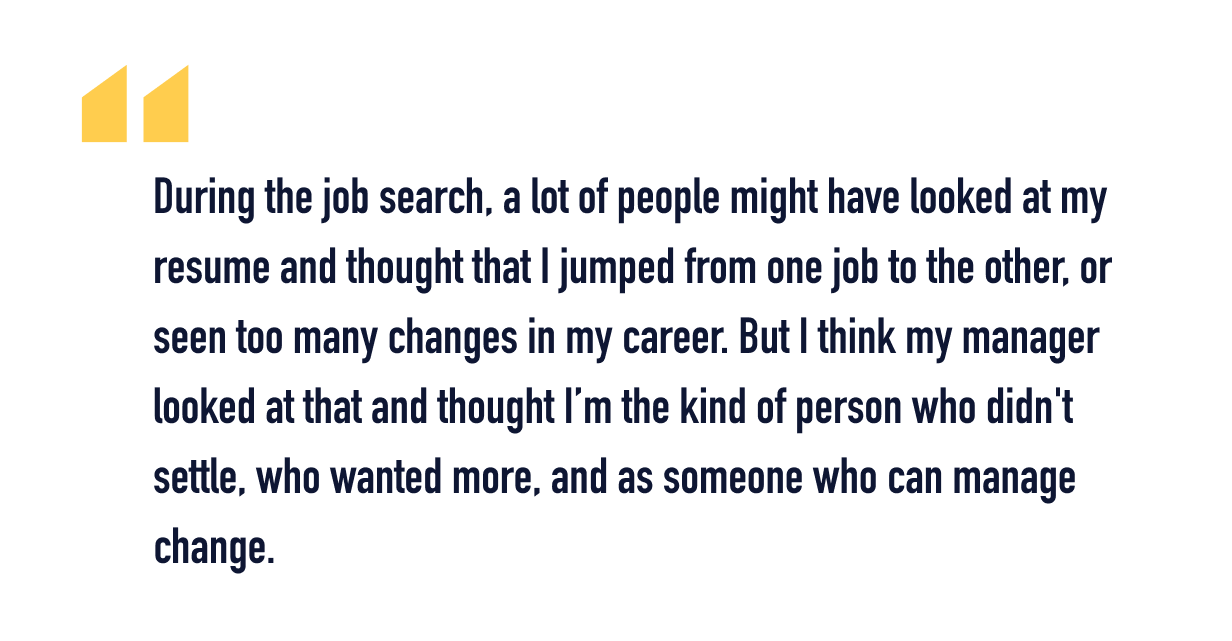 A quote from Azadeh about her career change journey