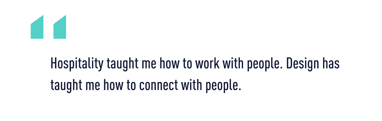 A quote from Kylie about how she combined her hospitality experience with her new role in the tech industry